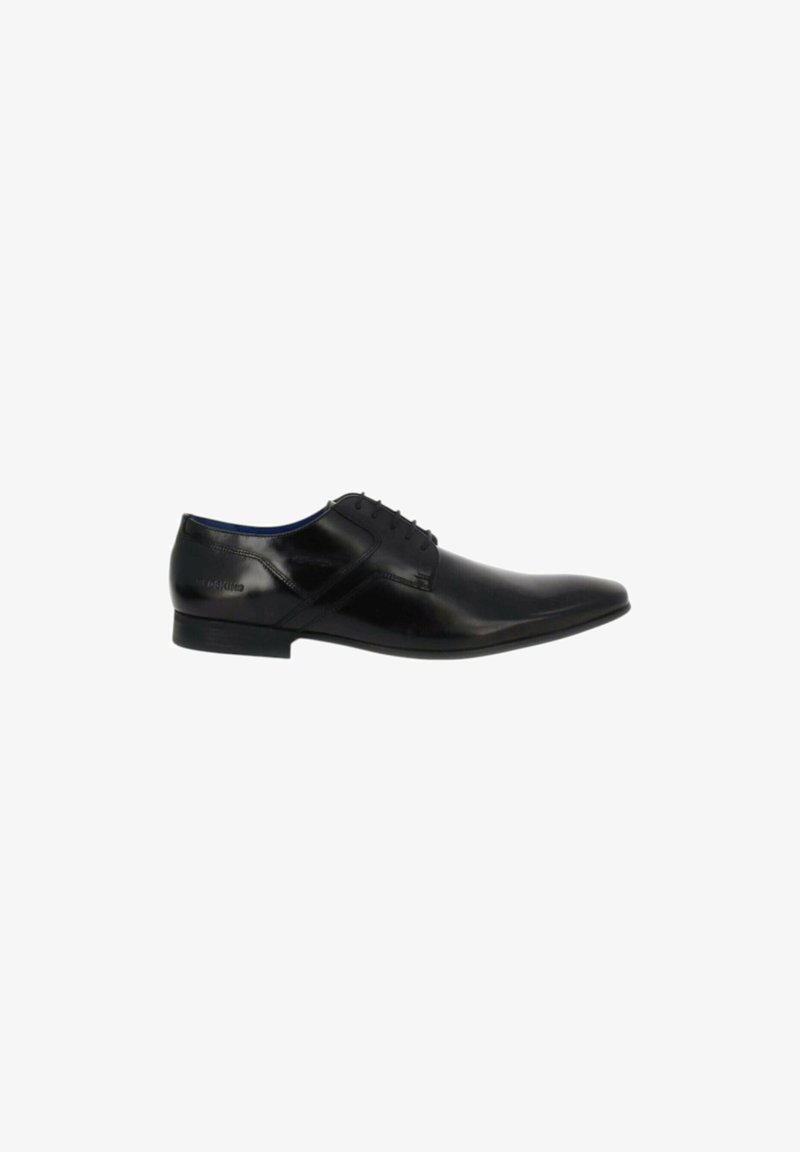 Chaussure habillée pour homme en cuir noir poli, à laçage fermé et petit talon, présentée en profil sur fond blanc.
