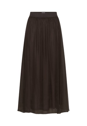 Schwarzer, halbtransparenter Maxirock mit elastischem Bund und geraffter Textur, der bodenlang und mit entspannter Silhouette fällt.