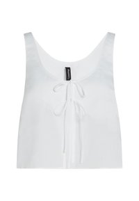 Bela kratka majica na naramnice z okroglim izrezom, nastavljivim trakom spredaj. Izdelana iz gladkega blaga z enostavnim, minimalističnim designom.