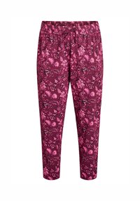 Bordeaux bloemendruppelpantalon met een drawstring taille. Kenmerkend is het roze bloemenpatroon, lichte stof en een taps toelopend ontwerp.