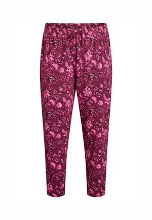 Maroon floral pants with a drawstring waist. Features a pink floral pattern, lightweight material, and a tapered leg design.