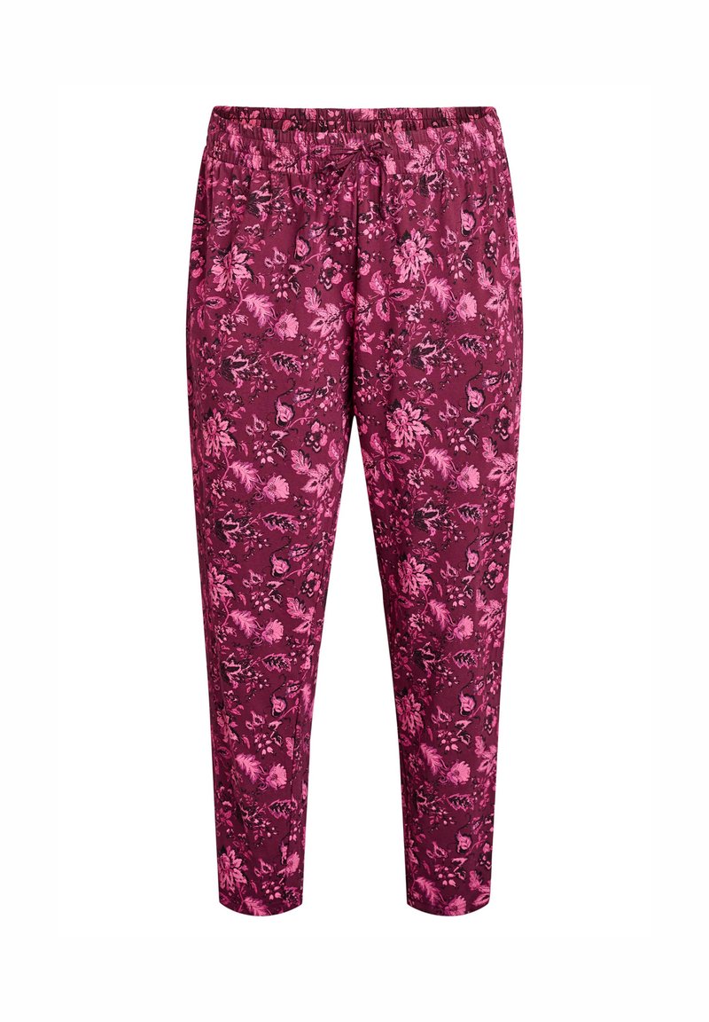 Bordeaux bloemendruppelpantalon met een drawstring taille. Kenmerkend is het roze bloemenpatroon, lichte stof en een taps toelopend ontwerp.