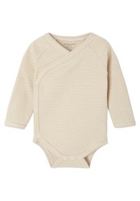 Beige und weiß gestreifter Babybody mit langen Ärmeln, seitlichen Druckknopfverschlüssen und Wickeldesign, Größe 3 Monate.
