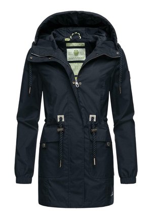 Navy blue waterproof jacket with a hood, drawstrings at the waist, two front pockets, and metallic hardware details.
