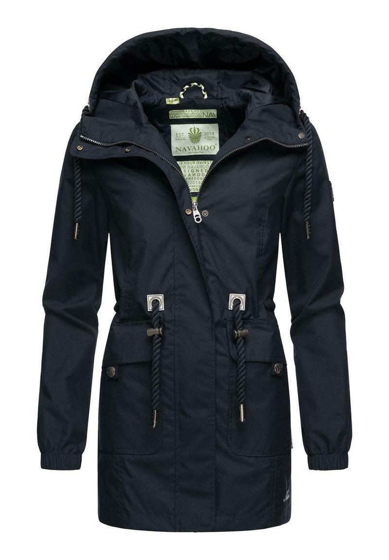 Navy blue waterproof jacket with a hood, drawstrings at the waist, two front pockets, and metallic hardware details.
