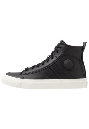 Black high-top sneaker with white sole, black laces, stitched stripes on the side, and a round embossed logo near the ankle.
