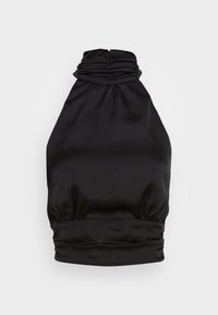 Černý halter top s nařaseným výstřihem a elastickým dolním lemem. Vyrobeno z hladkého, lehkého materiálu s mírně lesklým povrchem.