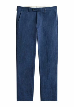 Donkere blauwe denimbroek voor heren met rechte pijpen, ceintuurlussen, knoop aan de voorkant en zijzakken.