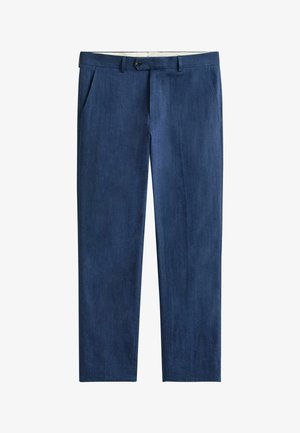 Donkere blauwe denimbroek voor heren met rechte pijpen, ceintuurlussen, knoop aan de voorkant en zijzakken.