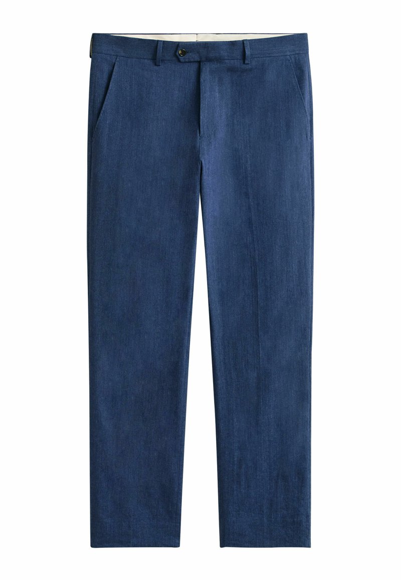 Pantaloni da uomo in denim blu scuro a gamba dritta, con passanti per cintura, bottone frontale e tasche laterali.