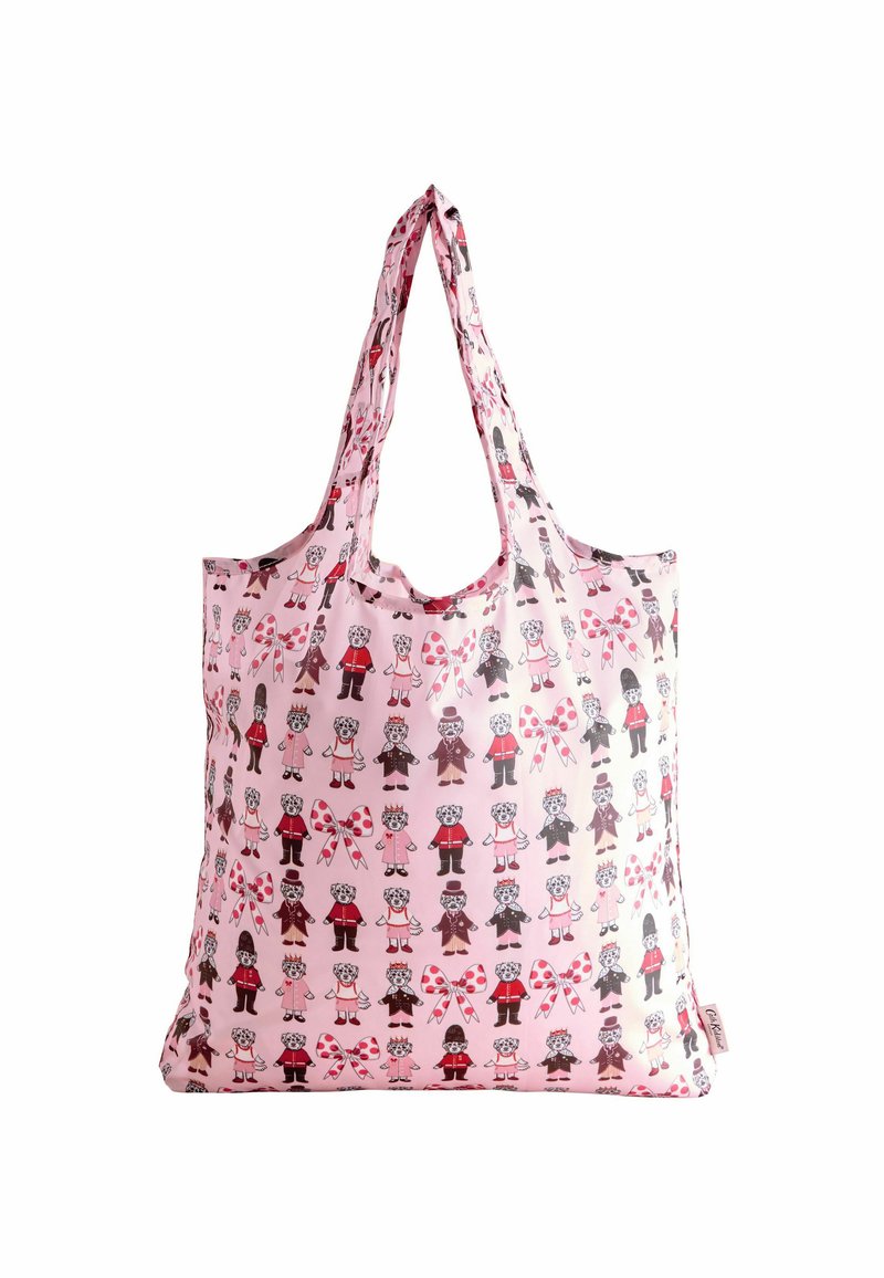 Atkārtoti lietojams iepirkumu maisiņš, kas izgatavots no rozā auduma, ar karikatūru figūriņām dažādos tērpos un izceltiem sirdīm un bantītēm. Rokturi ir gari un izturīgi.
