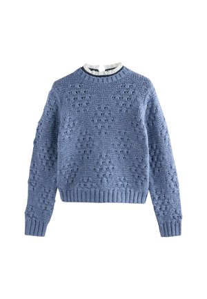 Blauw gebreide trui met een diamant-lacepatroon en geribbelde mouwen en onderkant, gecombineerd met een witte kraag met kant die zichtbaar is bij de hals.