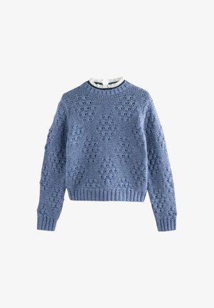 Blue knitted sweater with a diamond lace pattern and ribbed cuffs and hem, paired with a white lace-trimmed collar visible at the neckline.