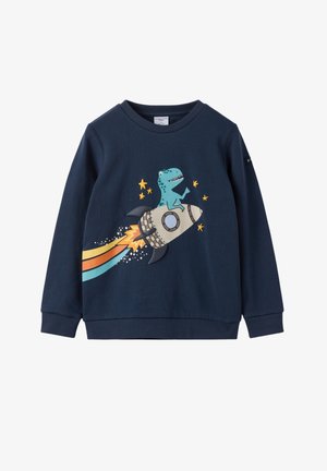Marineblauwe kindersweater met een cartoon dinosaurus die op een raket zit, omringd door gele sterren en kleurrijke raketvlammen.