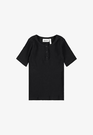 Czarny prążkowany top z krótkim rękawem, z okrągłym dekoltem i listwą z trzema guzikami oraz metką wewnątrz. Miękka tekstura tkaniny i dopasowany krój.