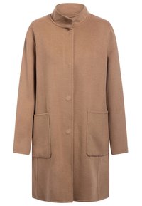Brauner Wollmantel mit hohem Kragen, langen Ärmeln, vorderem Knopfverschluss und zwei seitlichen Taschen. Glatte Textur und minimalistisches Design.