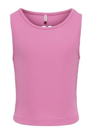 Crop top sans manches en maille côtelée rose unie avec encolure ronde et petite boucle avec bouton au dos.