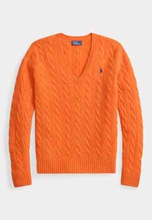 Polo Ralph Lauren, CABLE-KNIT WOOL-CASHMERE V-NECK SWEATER - Πουλόβερ - orange rust heather