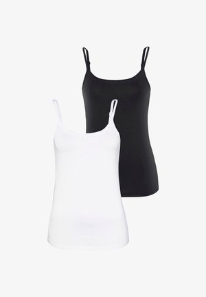 Due canottiere da donna con spalline sottili, una bianca davanti e una nera dietro, mostrate su sfondo bianco.