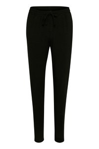 Sorte sweatpants lavet af stof, med en elastisk talje med snor, sidelommer og et tapered ben design.