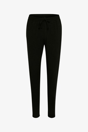 Black sweatpants made of fabric, featuring an elastic waistband with a drawstring, side pockets, and a tapered leg design.
