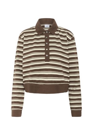 Brown and cream striped long-sleeve polo shirt with button placket and ribbed hem and cuffs, isolated on white background.