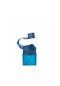 Blaue Wasserflasche mit mattem Finish. Verfügt über einen dunkelblauen Deckel und einen Trageriemen für einfachen Transport. Enthält einen abnehmbaren Deckel für einfachen Zugriff.