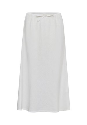 Jupe blanche longueur cheville avec une ceinture élastique et une fermeture à nouer sur le devant, fabriquée en tissu léger.