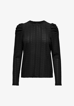 Schwarzes Langarmoberteil mit strukturiertem Muster und vertikalen Streifen. Mit gerafften Schulterdetails und rundem Ausschnitt.