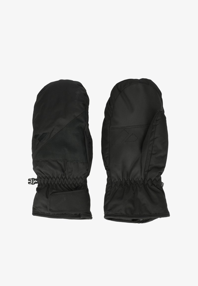 Paire de moufles d'hiver noires isolantes avec poignets élastiques et sangles de poignet ajustables, conçues pour la protection contre le froid.
