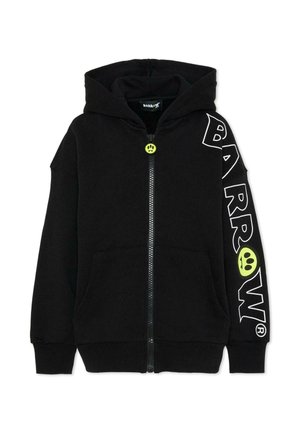 Sort hættetrøje med lynlås foran, der har en smiley-knap, hvid "BARROW" tekst på ærmet og en grøn grafisk detalje.