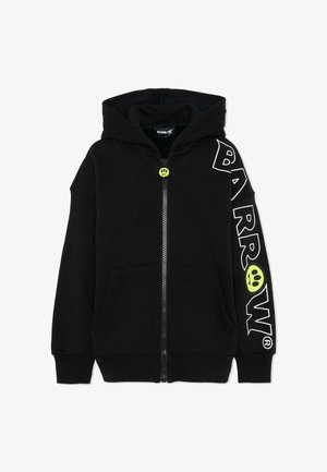 Felpa con cappuccio nera con zip frontale, caratterizzata da un bottone smiley, testo bianco "BARROW" sulla manica e dettaglio grafico verde.