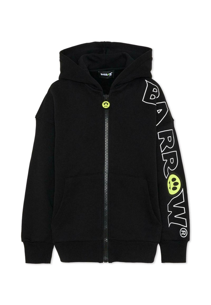 Czarna bluza z kapturem na suwak z przodu, z przyciskiem w kształcie uśmiechu, białym napisem „BARROW” na rękawie oraz zielonym detalem graficznym.
