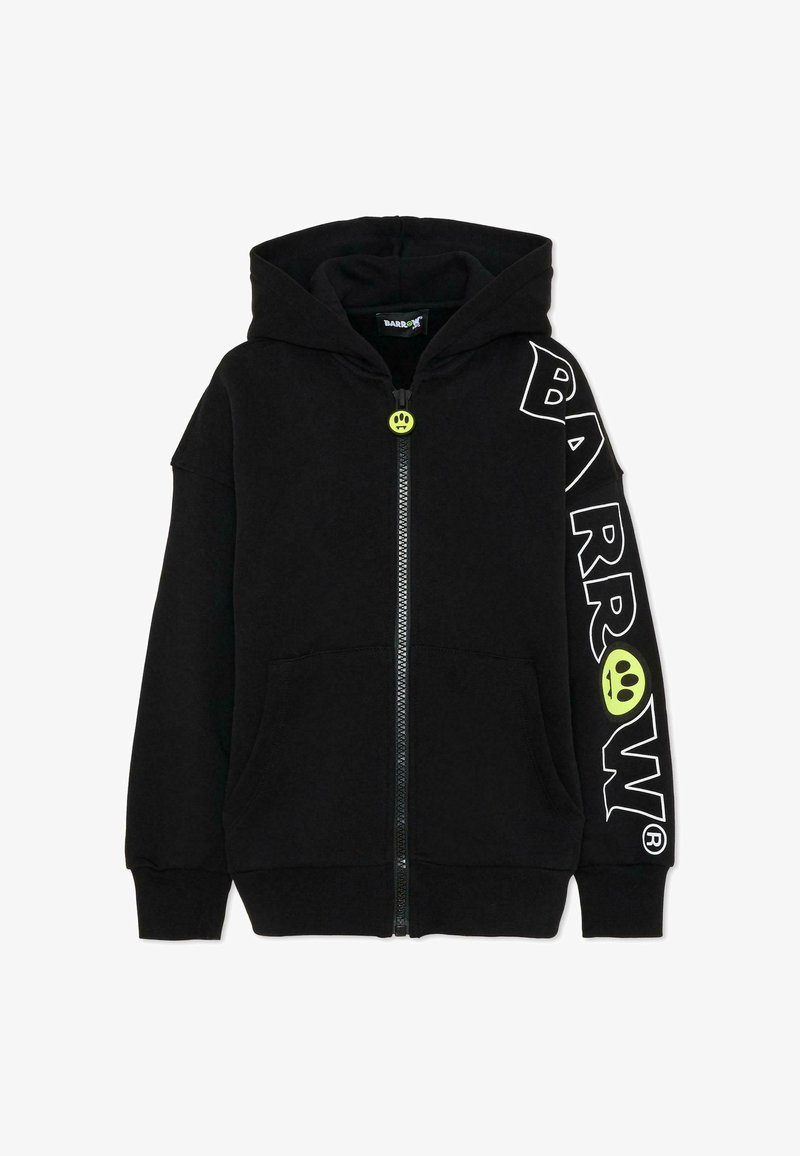Czarna bluza z kapturem na suwak z przodu, z przyciskiem w kształcie uśmiechu, białym napisem „BARROW” na rękawie oraz zielonym detalem graficznym.