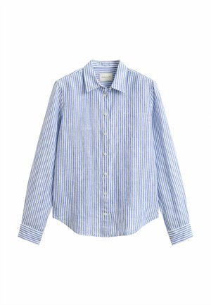 Langärmeliges Hemd mit Knöpfen, blauen und weißen vertikalen Streifen, spitzem Kragen und geknöpften Manschetten.