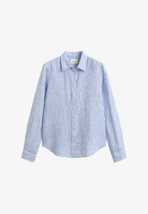 Chemise à manches longues boutonnée avec rayures verticales bleues et blanches, col pointu et manches à poignets.