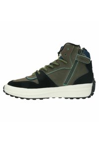 Midsneaker met een combinatie van olijfgroen, donkerblauw en zwarte materialen. Gekarteld leer en nylon met een contrasterende witte zool.