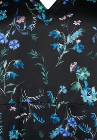 Black fabric featuring a floral pattern in blue, teal, and pink, with various flowers and leaves, creating a textured, layered appearance.