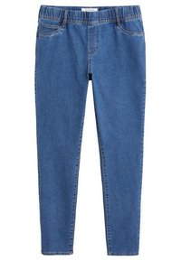 Sinivärvilised denim teksad elastse vöökohtaga, ees olevate taskutega ja õmmeldud õmblustega, disainitud kitsast sobivust silmas pidades.