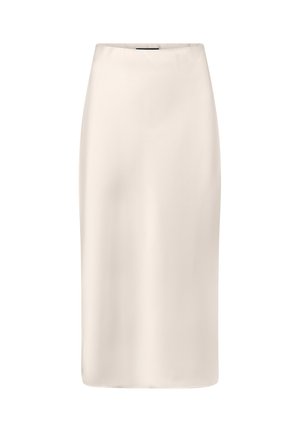 Flødefarvet midi-nederdel med lige snit, glat og silkeagtig tekstur samt høj talje, vist på hvid baggrund.