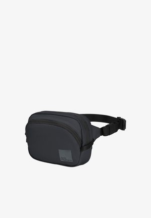 Kompakte schwarze Bauchtasche mit zwei Reißverschlussfächern und verstellbarem Träger, vorne mit Jack Wolfskin Logo.