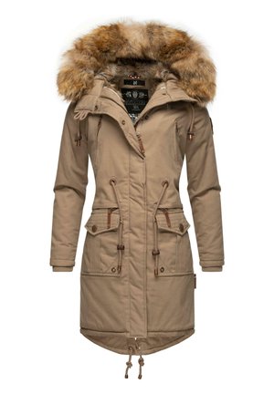 Beige parka with faux fur hood. Features zip and toggles, drawstring waist, and two front pockets with button accents and texture. Long sleeves.