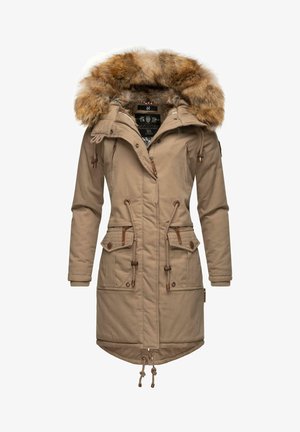 Beiger Parka mit Kunstfellkapuze. Mit Reißverschluss und Knöpfen, Kordelzug in der Taille und zwei Fronttaschen mit Knopfakzenten und Struktur. Lange Ärmel.