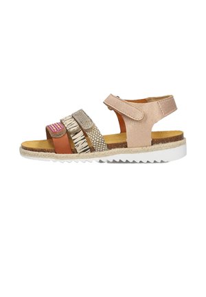Open-toe sandal with three patterned straps and a pink ankle strap over a white ridged sole with cork footbed.