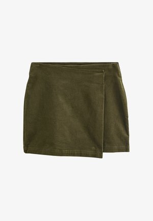 Khaki green mini skirt made of soft cotton blend fabric. Features a simple design with an elastic waistband and a straight hem.