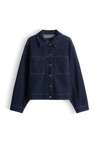 Giacca in denim blu scuro con design cropped, maniche lunghe, due tasche sul petto e bottoni color bronzo. Presenta cuciture arancioni a contrasto.