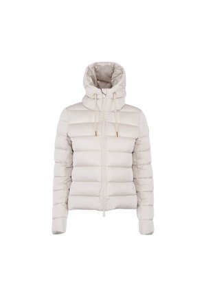 Giubbotto invernale color beige chiaro, caratterizzato da un colletto alto con coulisse, chiusura con zip e una trama trapuntata per maggiore calore e texture.