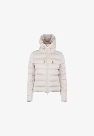 Giubbotto invernale color beige chiaro, caratterizzato da un colletto alto con coulisse, chiusura con zip e una trama trapuntata per maggiore calore e texture.