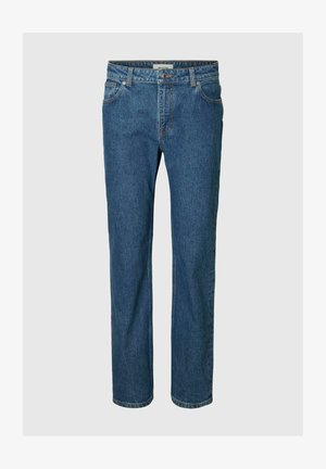 Jeans denim blu a gamba dritta con bottone e cerniera frontale, passanti per cintura e tasche anteriori e posteriori.
