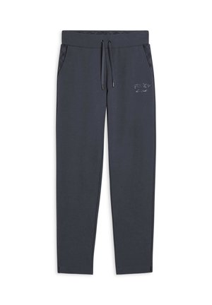 Pantaloni della tuta grigio scuro con vita elasticizzata e stringa, tasche laterali e un logo discreto sulla parte anteriore. Il materiale sembra morbido e liscio.